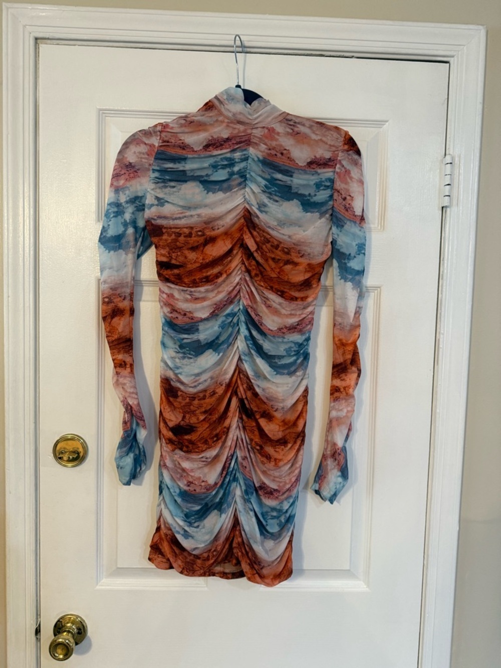 wild fable Long Sleeve Ruched Mesh Dress - Blue & Rust